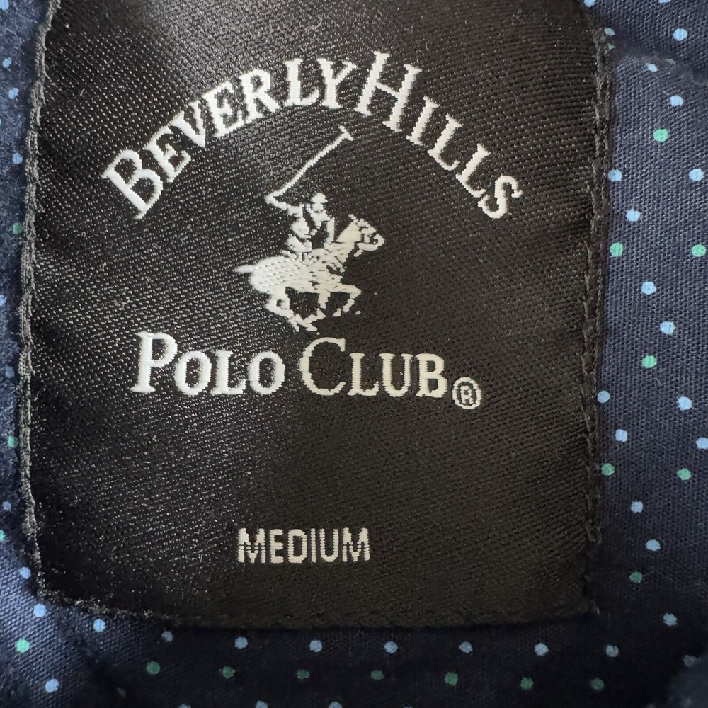 Beverly Hills‎ Polo Club Shirt Mens Medium Button-Up Short Sleeve Polka Dot Blue - Picture 2 of 7